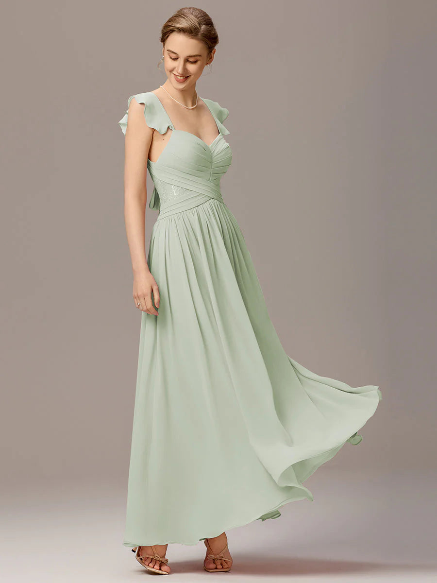 Wholesale Custom Made Back-Tie Pleated Ruffles Sleeves Bridesmaid Dress