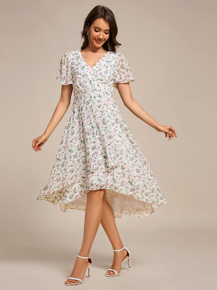 Short Sleeve Ruffled V-Neck Pleated Asymmetrical Midi Wedding Guest Dresses
