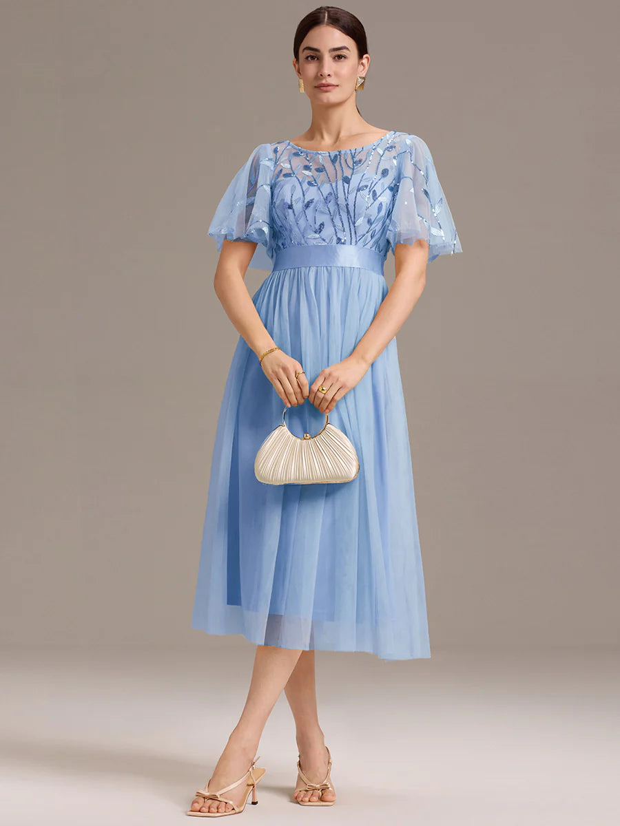 Bulk Order | Plus Size Fit A-Line Deep V-Neck Evening Gown | Ruffled Short Sleeve Midi Dress