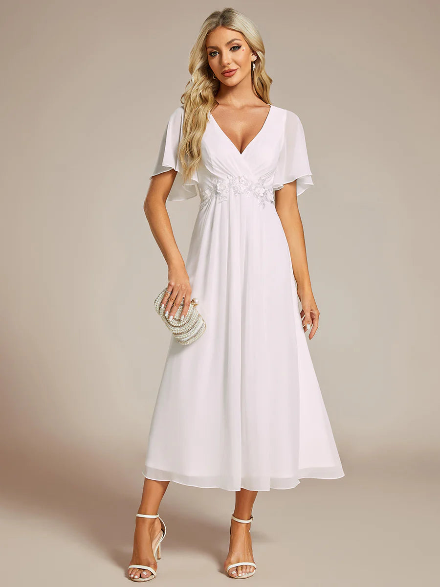 Applique V Neck Tea Length Wedding Guest Dress With Short Sleeves