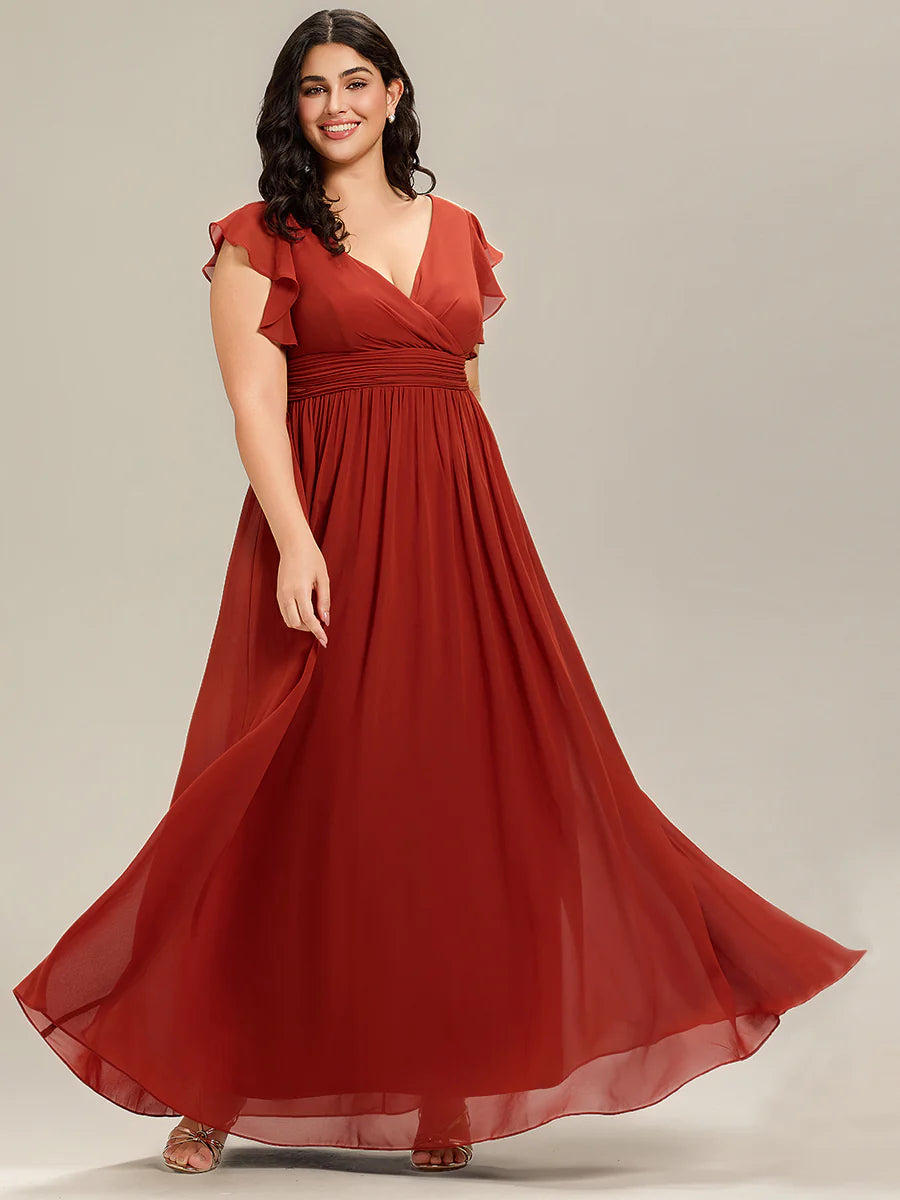 Plus V Neck Pleated Belted Ruffles Wholesale Bridesmaid Dresses