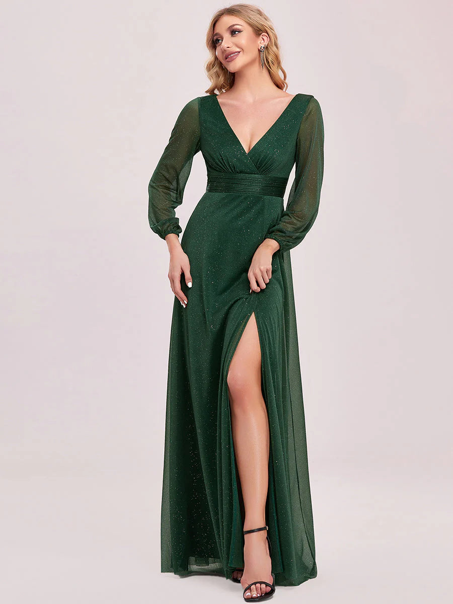 Sexy V-Neck Shiny Wholesale Evening Dresses With Long Sleeve