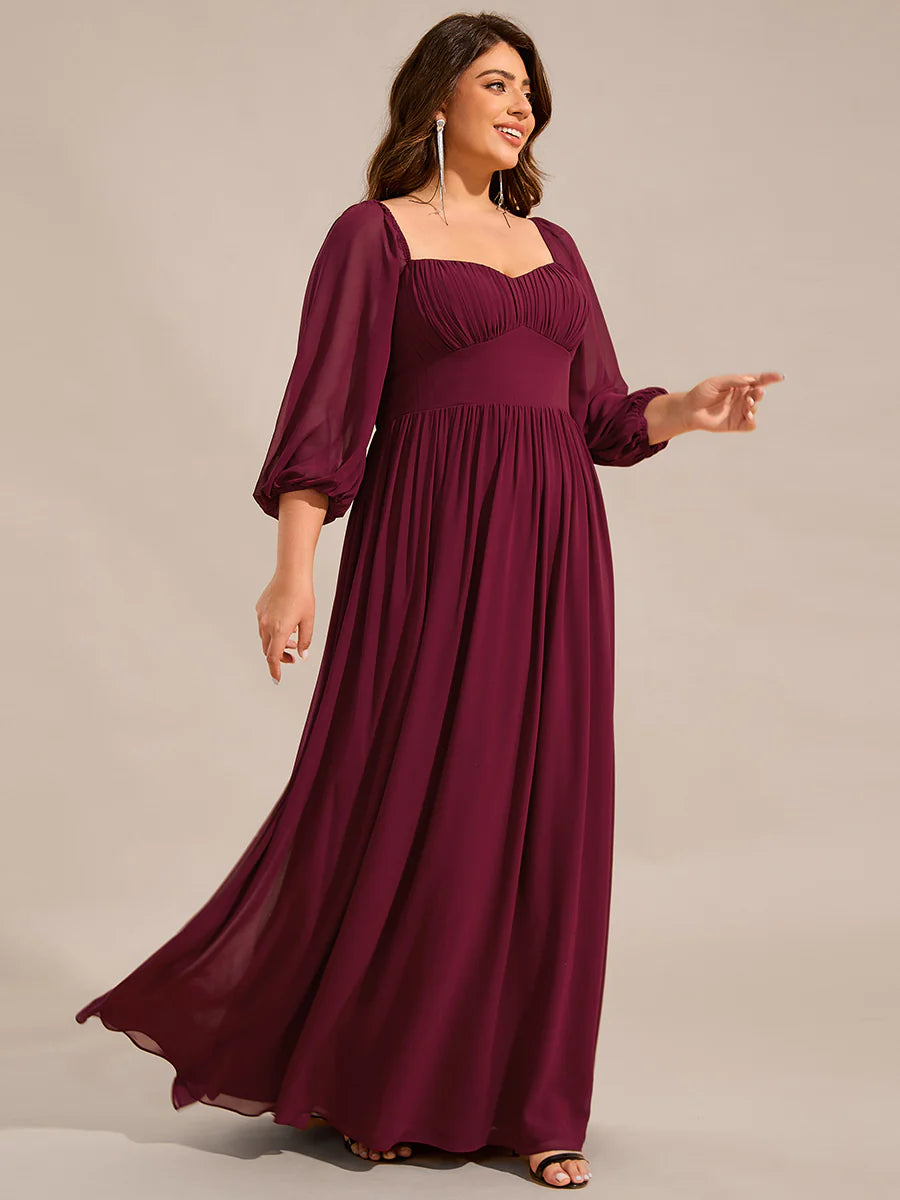 Plus Size Graceful Sweetheart 3/4 Lantern Sleeve Chiffon Bridesmaid Dresses with Frenulum knotting