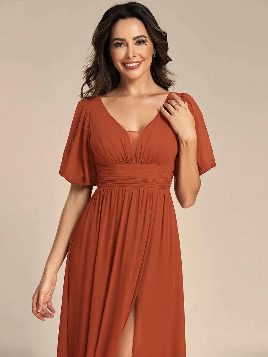 Deep V Neck A Line Half Puff Sleeves Wholesale Bridesmaid Dresses