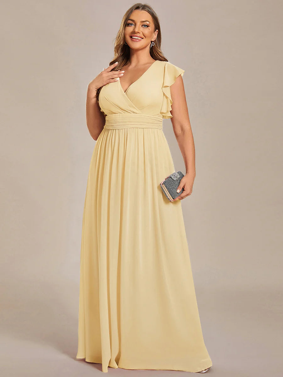 Plus V Neck Pleated Belted Ruffles Wholesale Bridesmaid Dresses