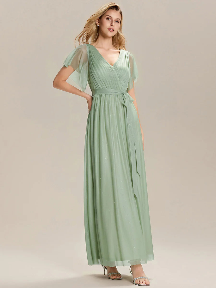 Short Sleeve Ruffle Deep V-Neck A-Line Floor Length Bridesmaid Dresses