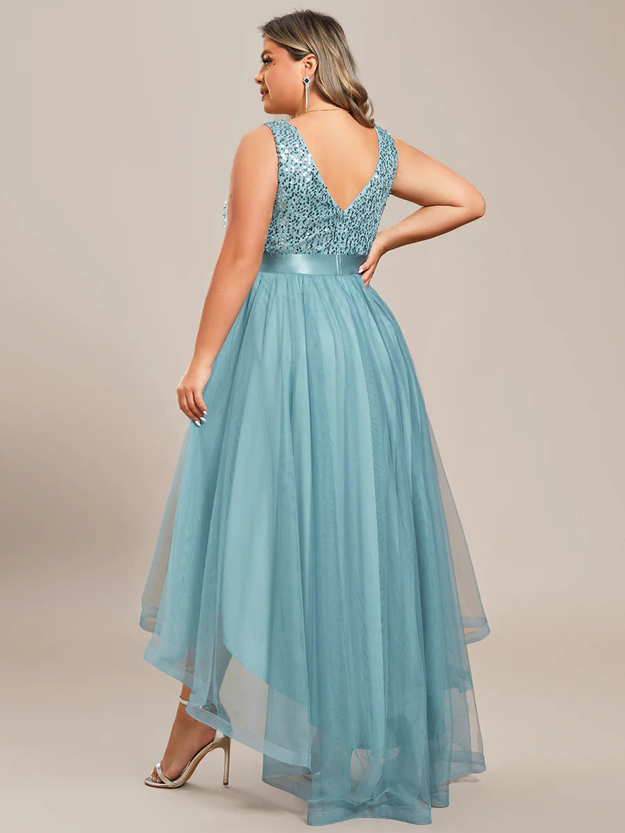 Plus Size Sparkling Wholesale Evening Dresses with Asymmetrical Hem Deep V Neck