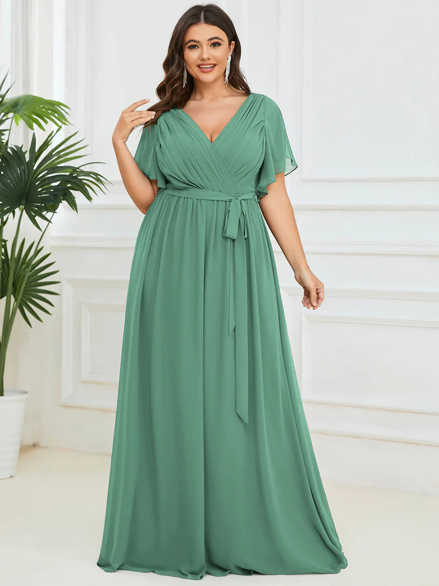 A Line Wholesale Evening Dresses with Deep V Neck Ruffles Sleeves