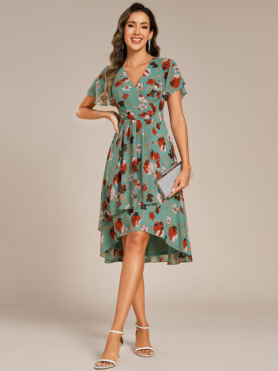 Short Sleeve Ruffled V-Neck Pleated Asymmetrical Midi Wedding Guest Dresses