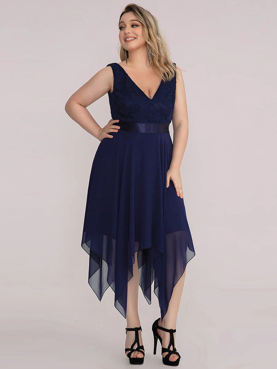Plus Size Deep V Neck Asymmetrical Hem Sleeveless Wholesale Dresses
