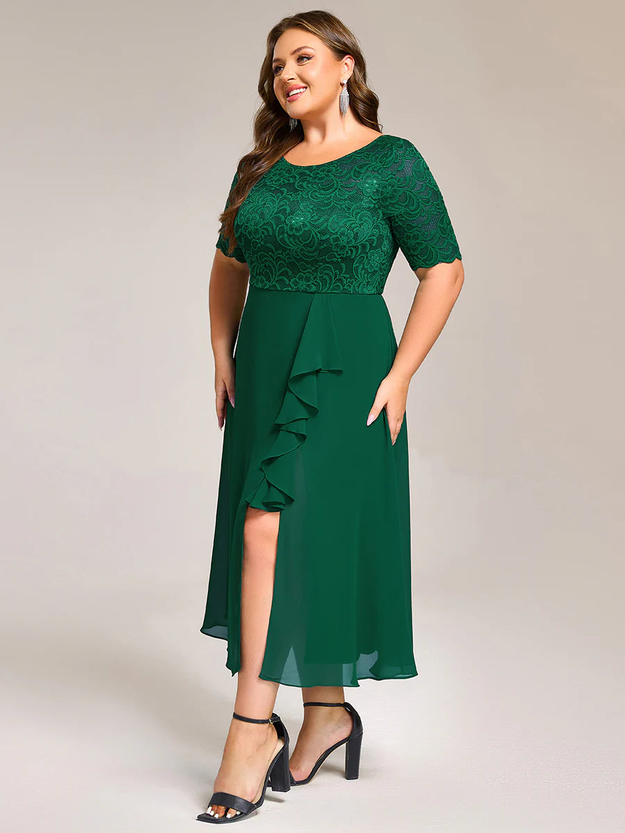 Plus Size Embroidery Split Nine-length Chiffon Evening Dresses