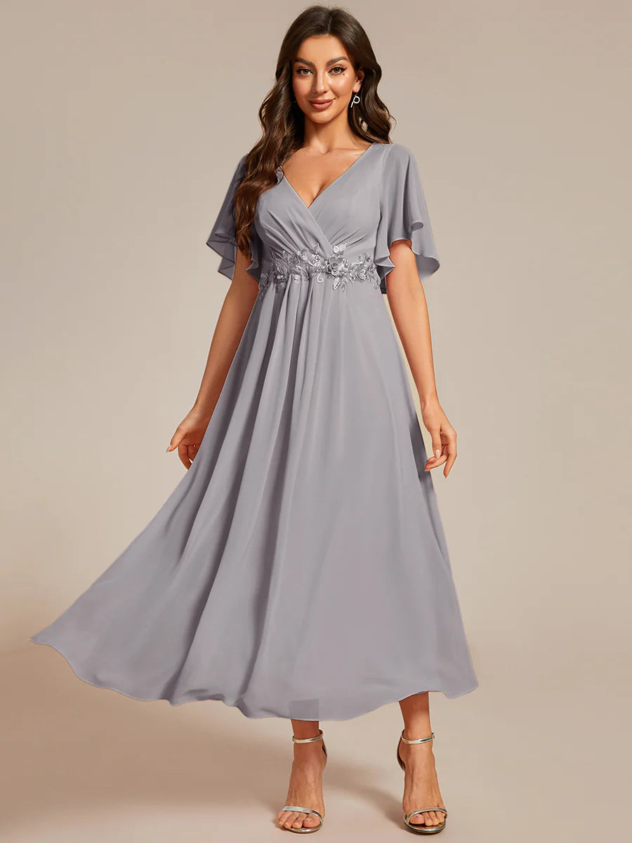 Applique V Neck Tea Length Wedding Guest Dress With Short Sleeves