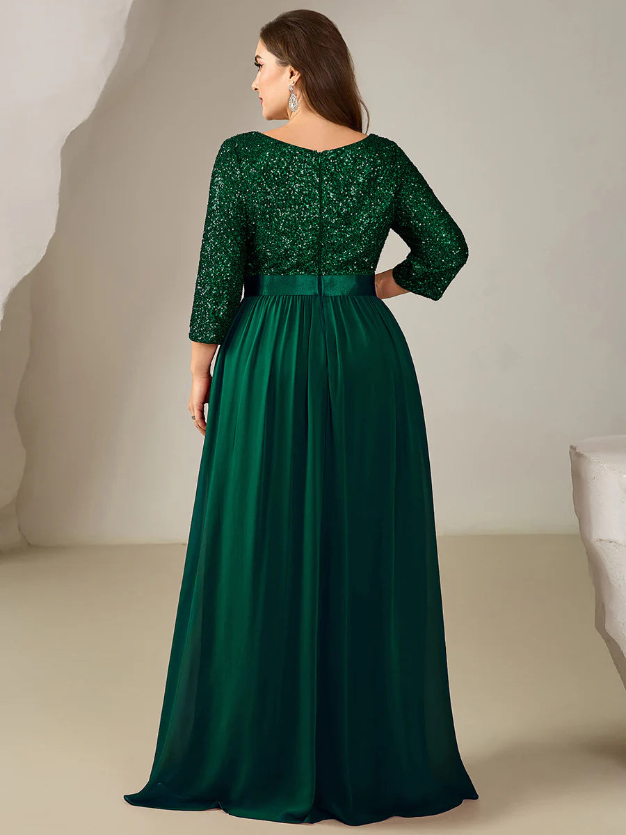 3/4 Sleeve Sequin Patchwork A-Line Floor Length Evening Dresses