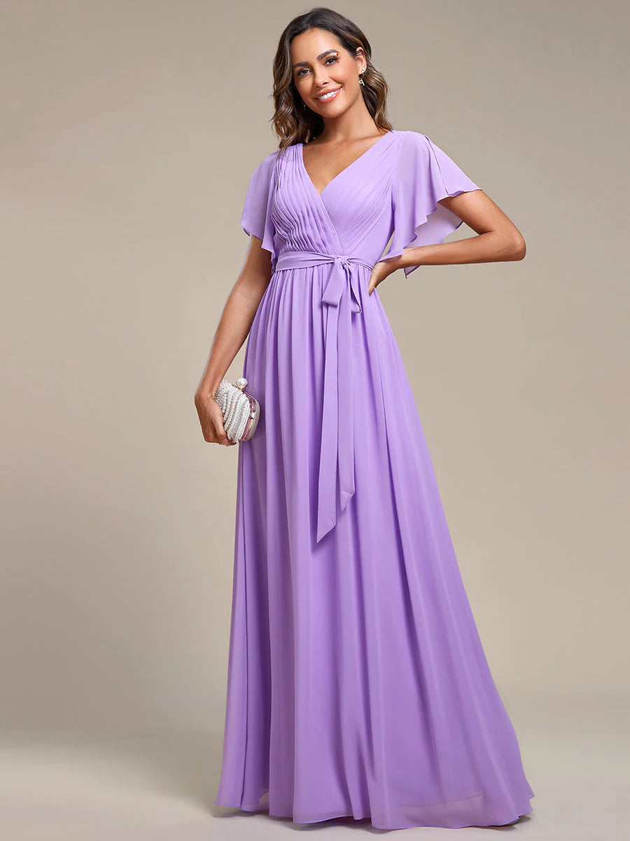 A Line Wholesale Evening Dresses with Deep V Neck Ruffles Sleeves