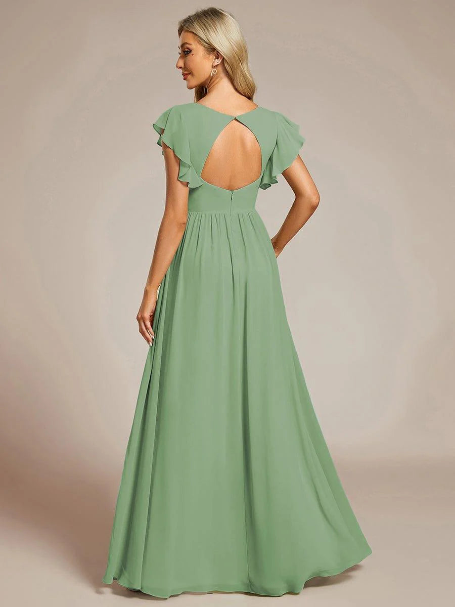 Ever LILYANA|Elegant V-Neck Open Back Ruffled Sleeves Chiffon Bridesmaid Dress