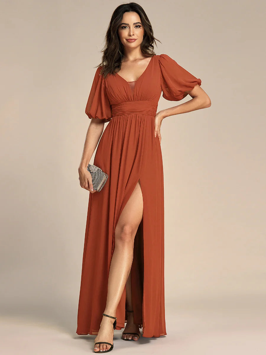 Deep V Neck A Line Half Puff Sleeves Wholesale Bridesmaid Dresses