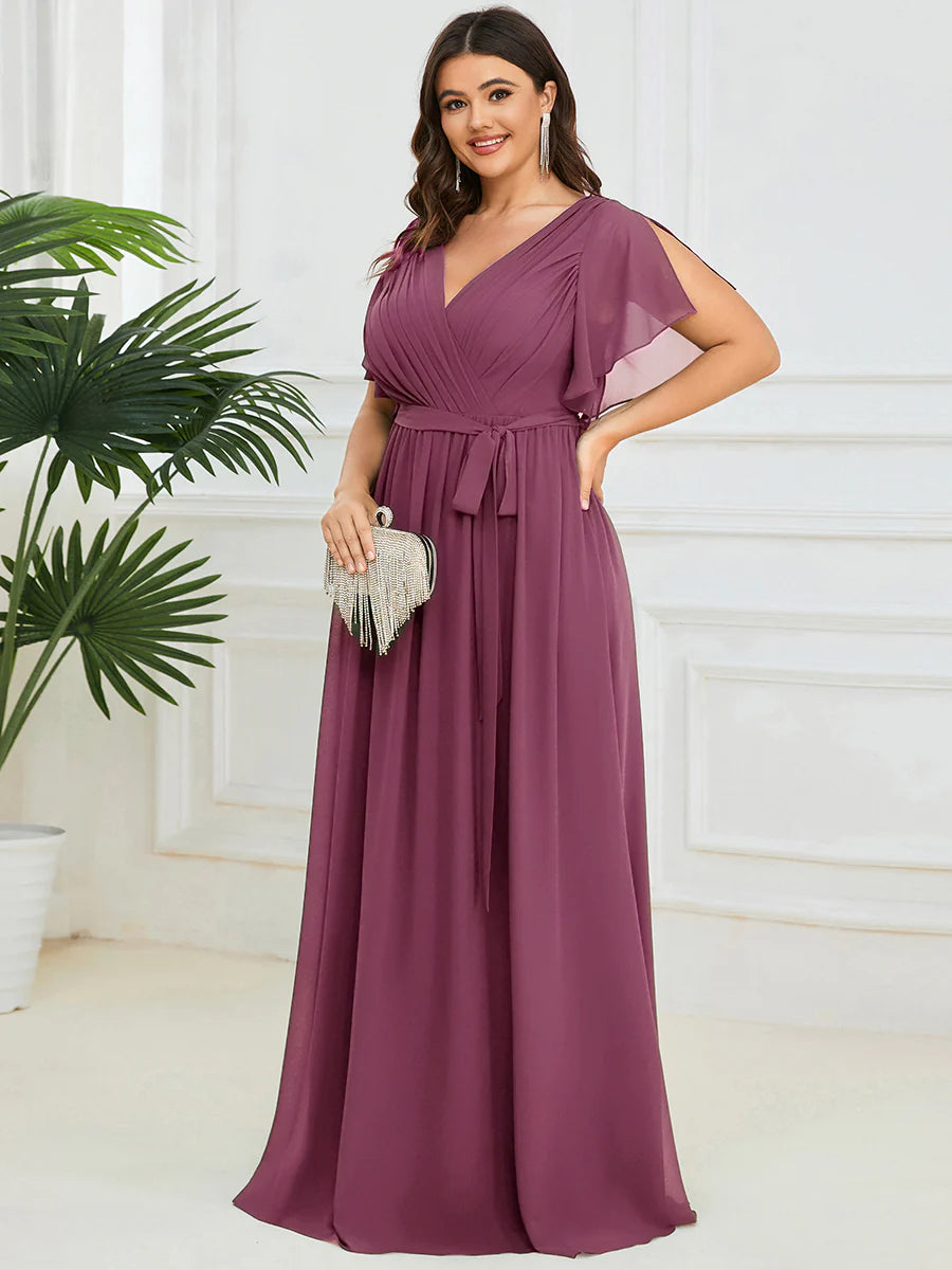 Short Sleeve Ruffle Deep V-Neck A-Line Floor Length Evening Dresses