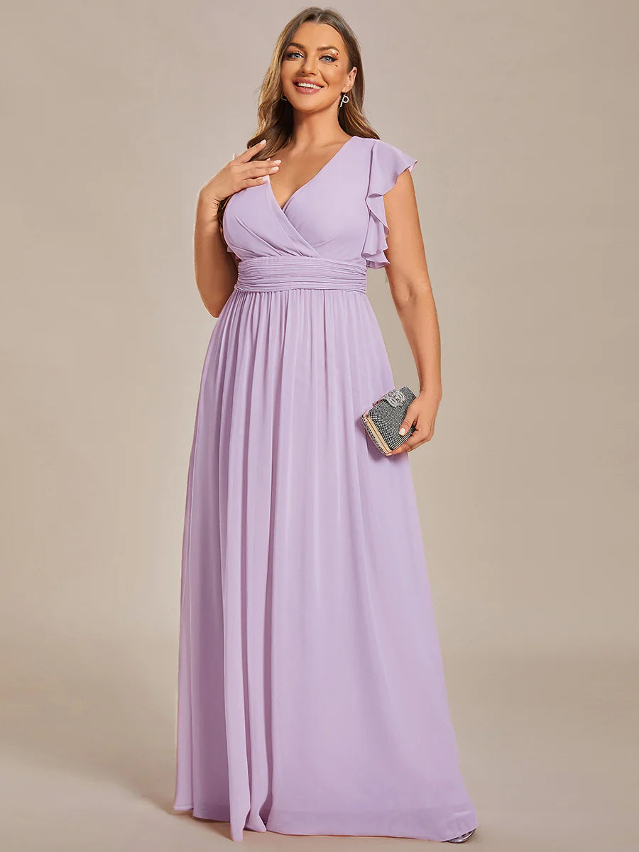 Plus V Neck Pleated Belted Ruffles Wholesale Bridesmaid Dresses