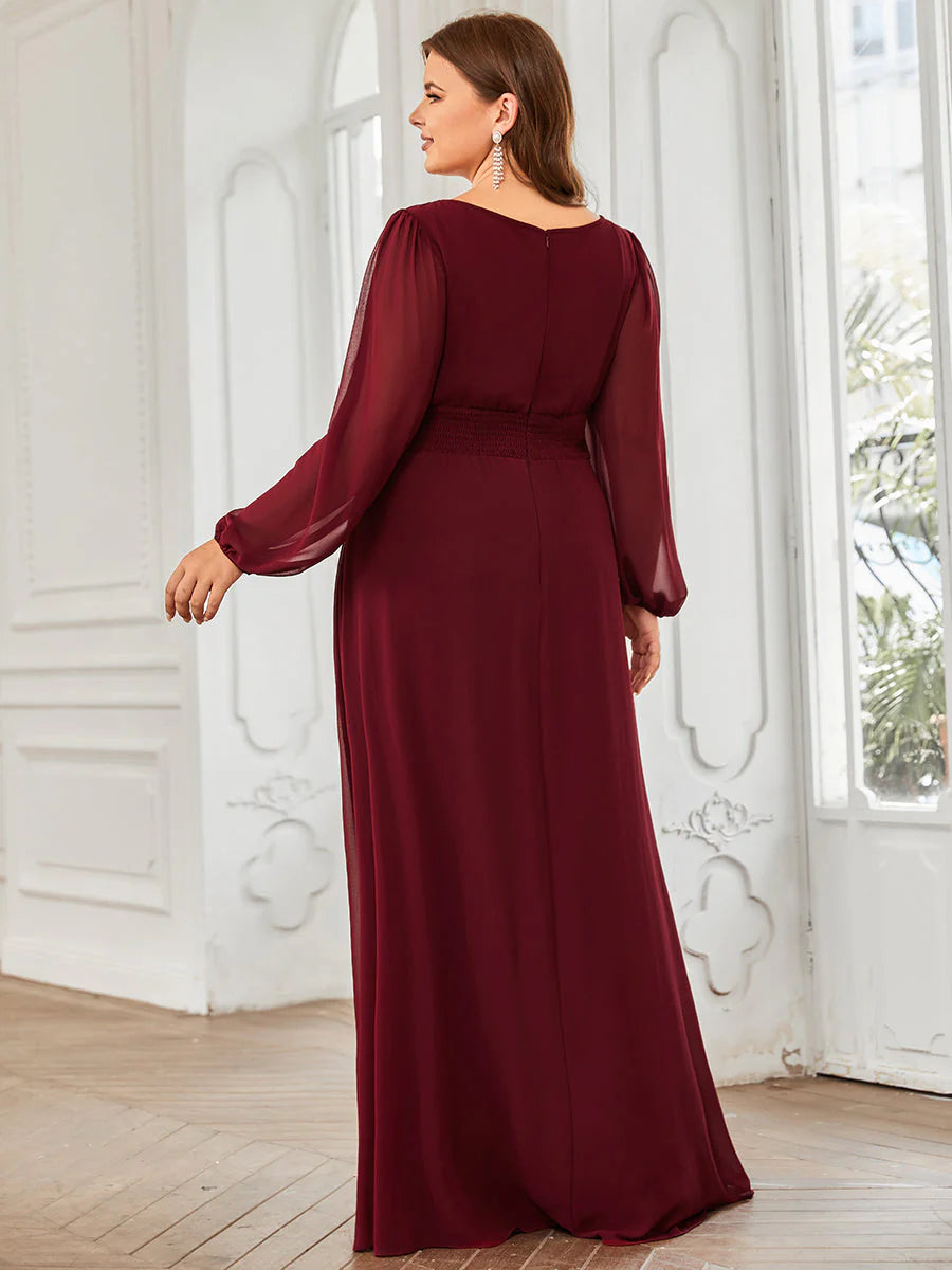 Plus Size Round Neck Wholesale Bridesmaid Dresses with Long Lantern Sleeves