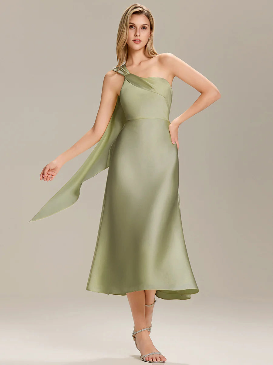 One Shoulder Gathered Non-Stretch Midi Wrap Wedding Guest Dresses