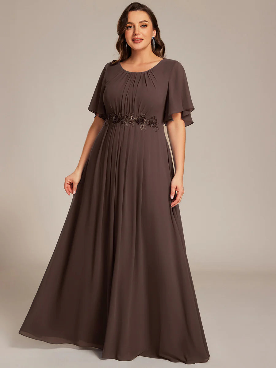 Short Sleeves Pleated Applique A-Line Floor-Length Formal Evening Dress