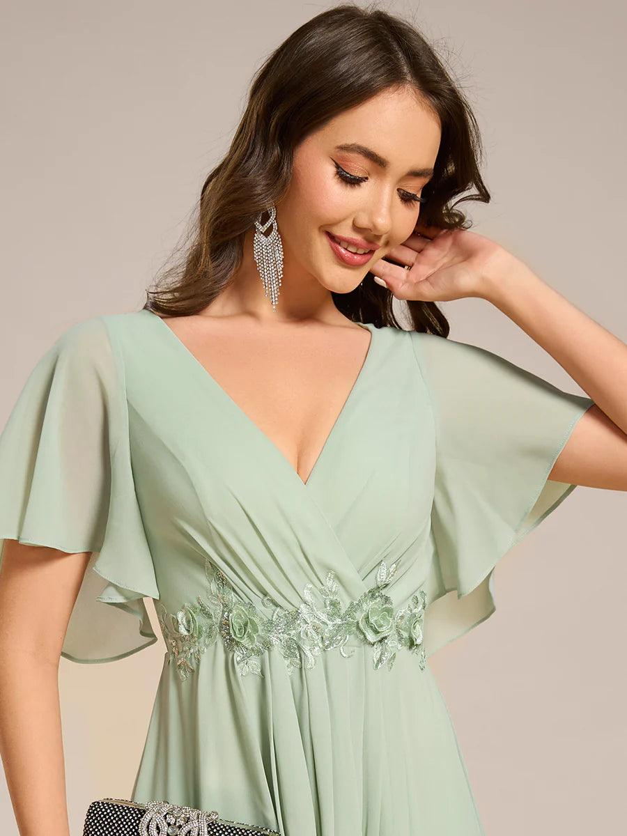 Applique V Neck Tea Length Wedding Guest Dress With Short Sleeves