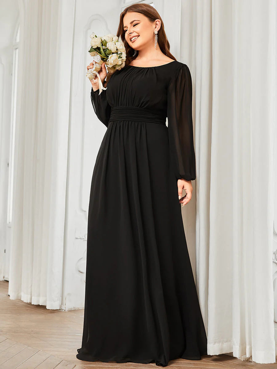 Plus Size Round Neck Wholesale Bridesmaid Dresses with Long Lantern Sleeves