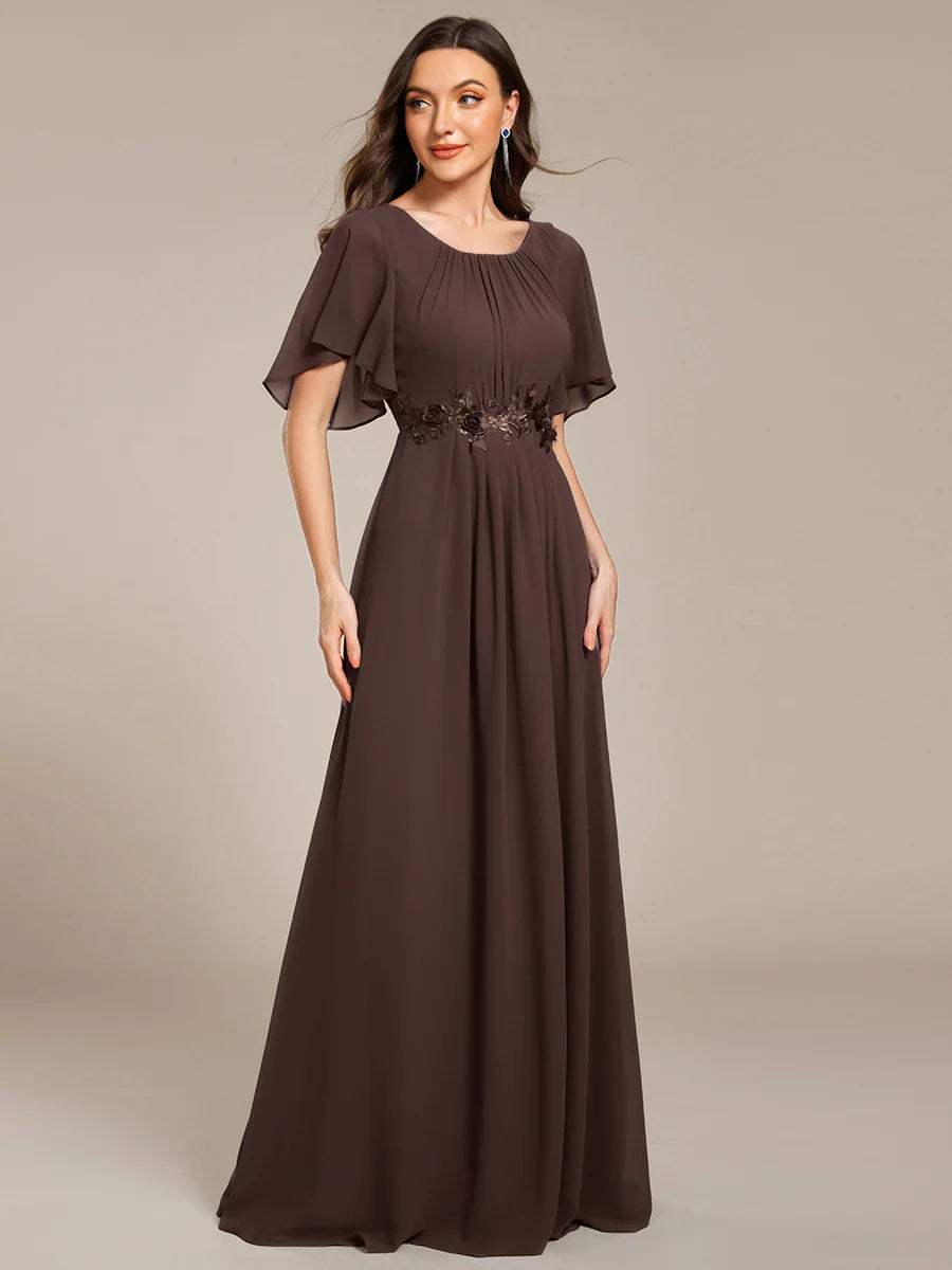 Short Sleeves Pleated Applique A-Line Floor-Length Formal Evening Dress