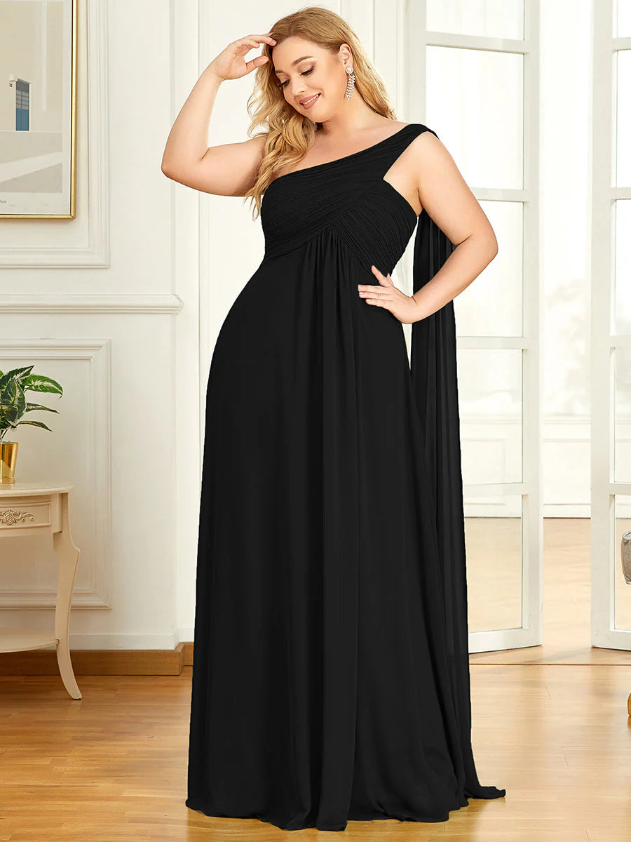 One Shoulder Chiffon Ruffles Plus Size Long Evening Dresses
