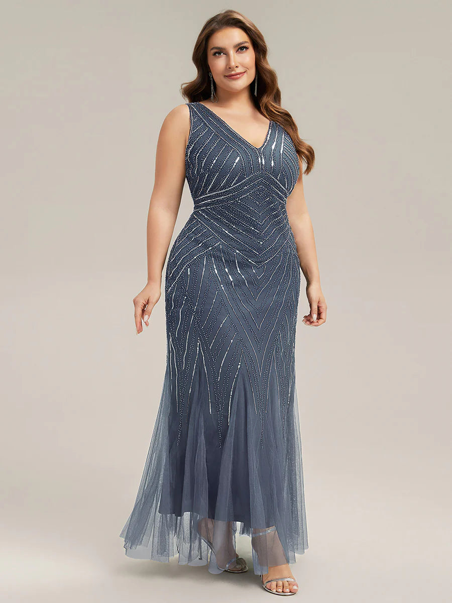 Commercial Wholesale Sleeveless High Stretch Fishtail Beaded V-Neck Evening Dresses