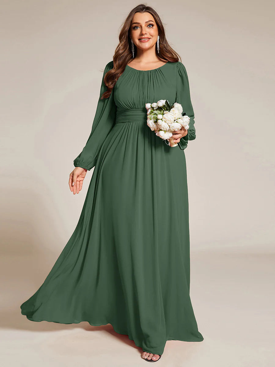 Plus Size Round Neck Wholesale Bridesmaid Dresses with Long Lantern Sleeves