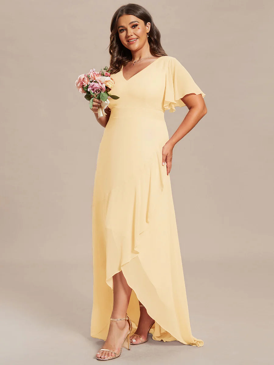 Plus V Neck High Low Ruffles Chiffon Wholesale Bridesmaid Dresses