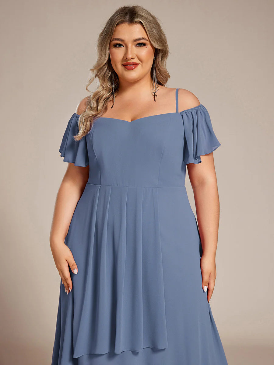 Plus Size Chiffon Spaghetti Strap Cold Shoulder Tea Length Wedding Guest Dress