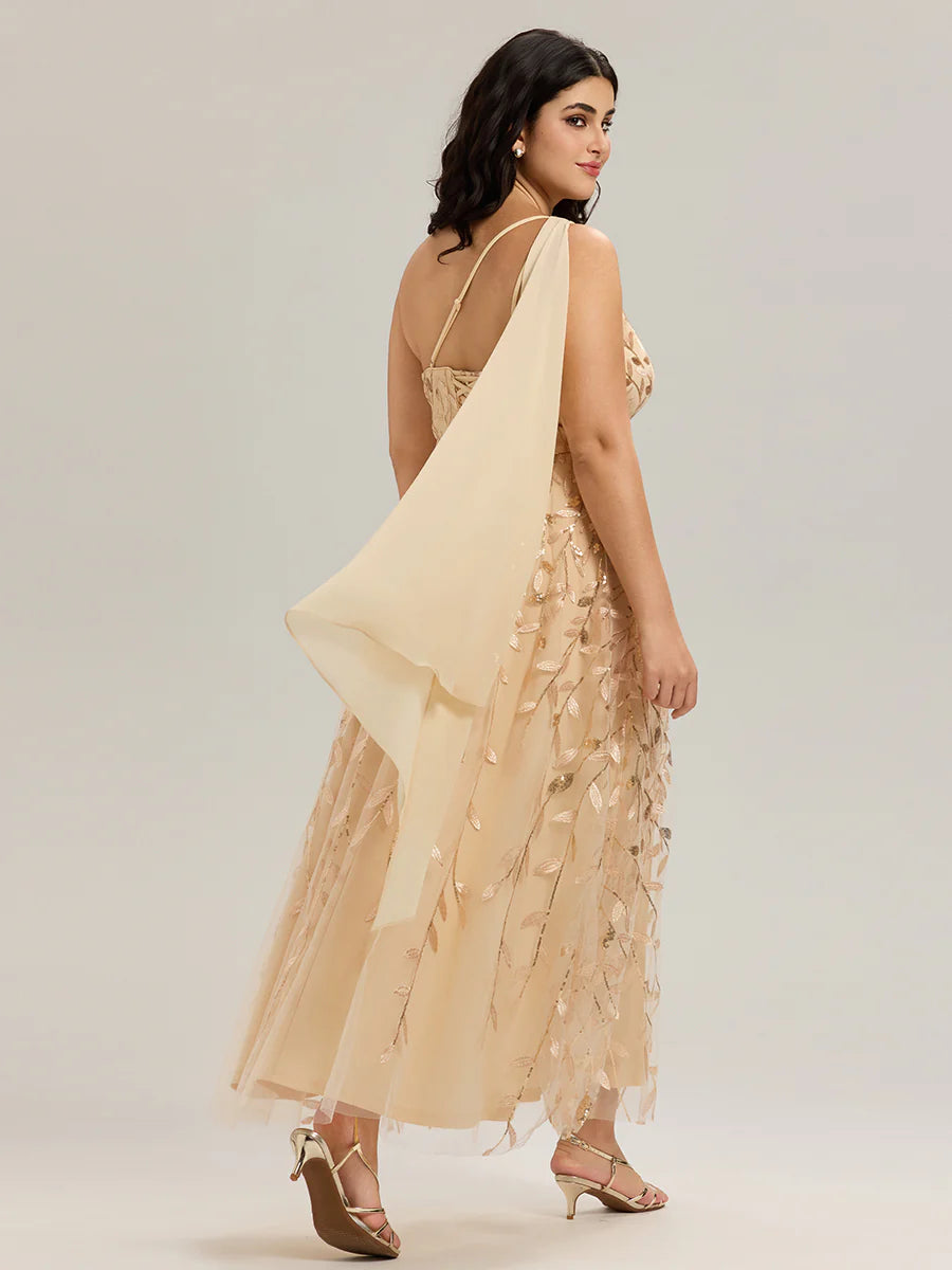 One Shoulder Sleeveless Sequin A-Line Maxi Wedding Guest Dress