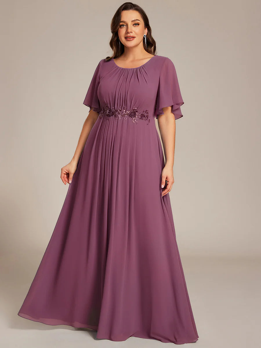Short Sleeves Pleated Applique A-Line Floor-Length Formal Evening Dress