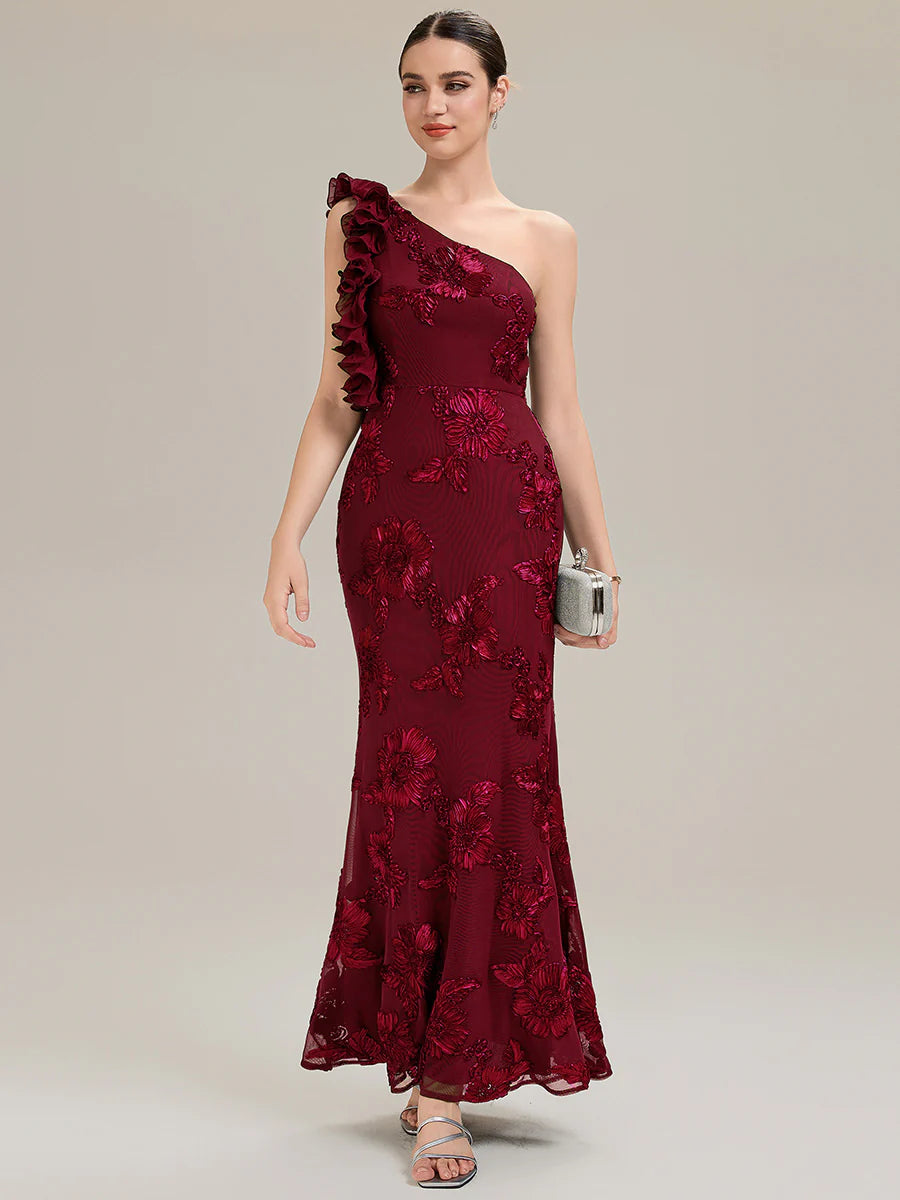 Custom Made One Shoulder Sleeveless Floral Jacquard Fishtail Evening Dresses