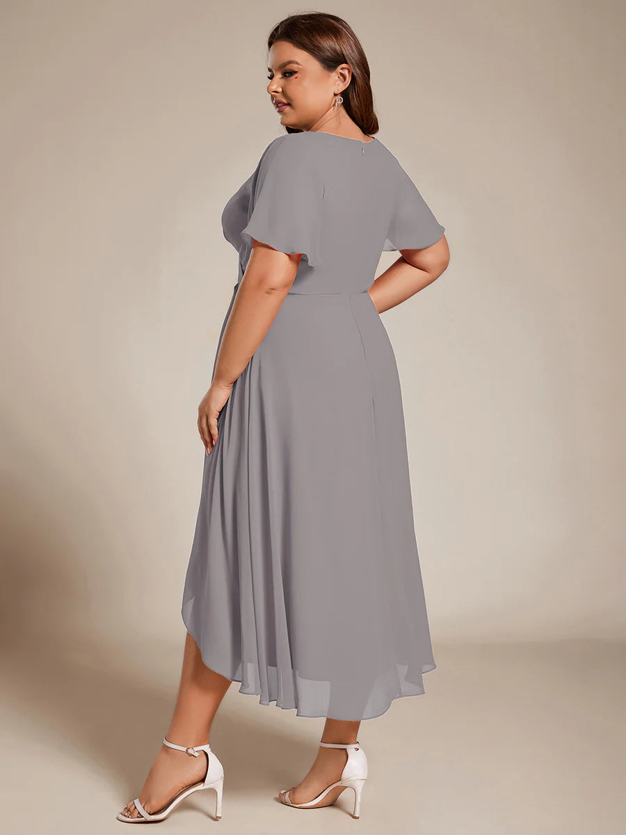 Plus V-Neck Midi Chiffon Wedding Guest Dresses with Ruffles Sleeve