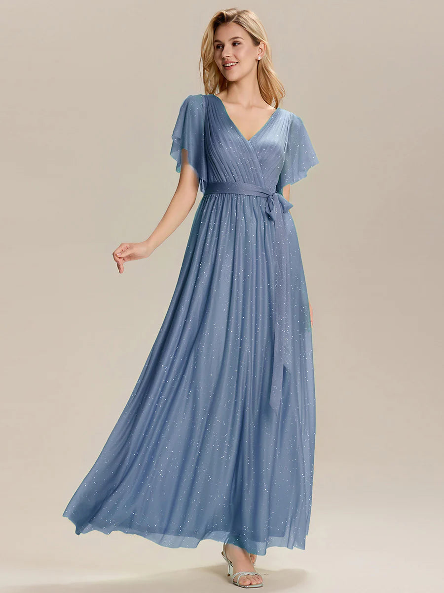 Short Sleeve Ruffle Deep V-Neck A-Line Floor Length Bridesmaid Dresses