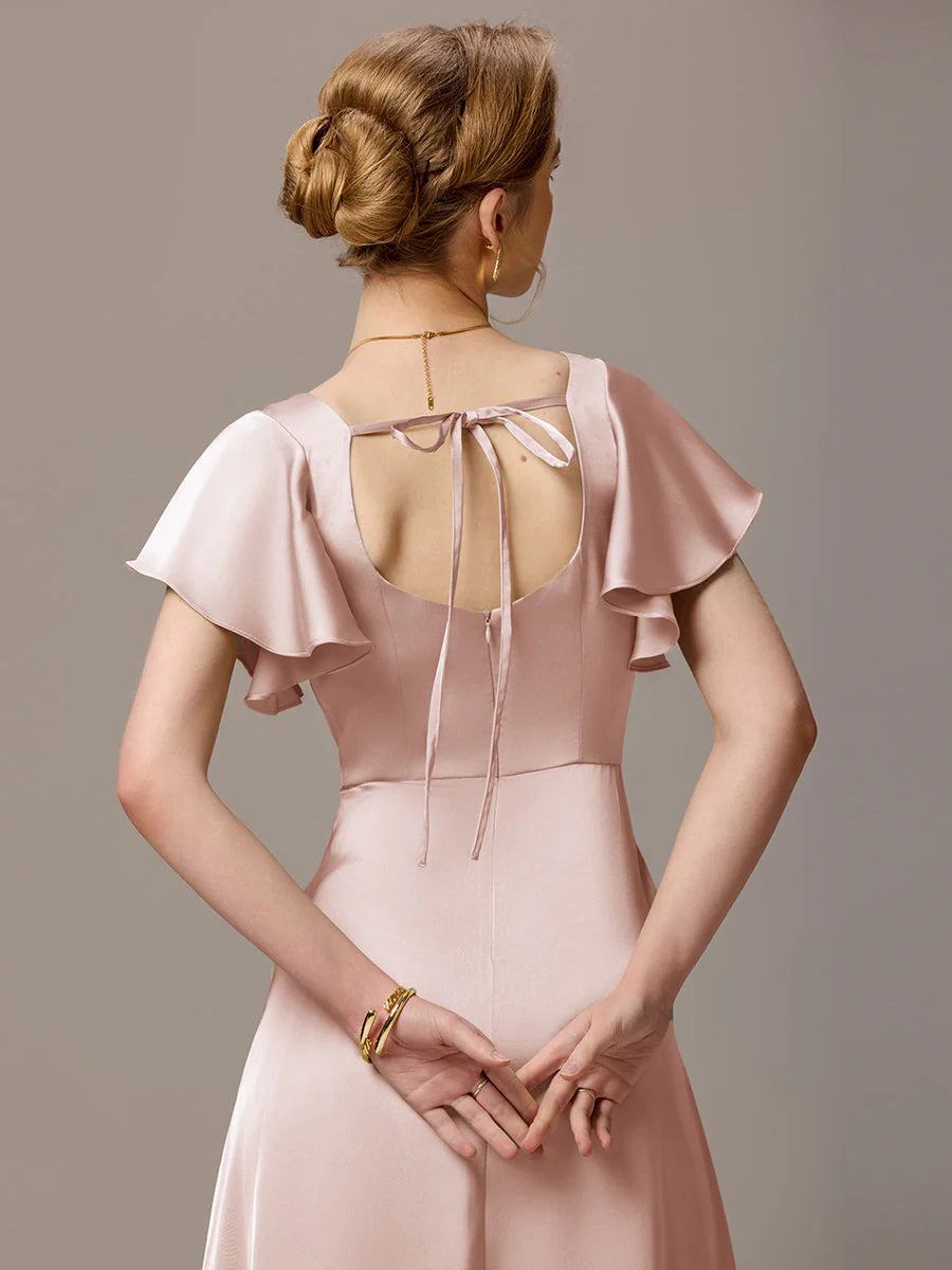 Customized Satin Square Neck Short Sleeve Ruffled Maxi Bridesmaid Dress with Pockets