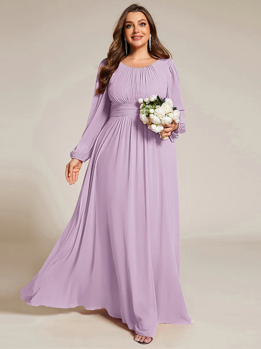 Plus Size Round Neck Wholesale Bridesmaid Dresses with Long Lantern Sleeves