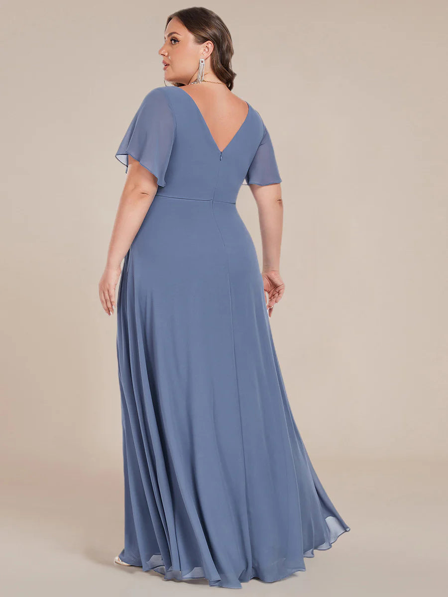 Plus Size Elegant Ruffles Sleeve Chiffon Evening Dresses with Pleated Applique Decoration