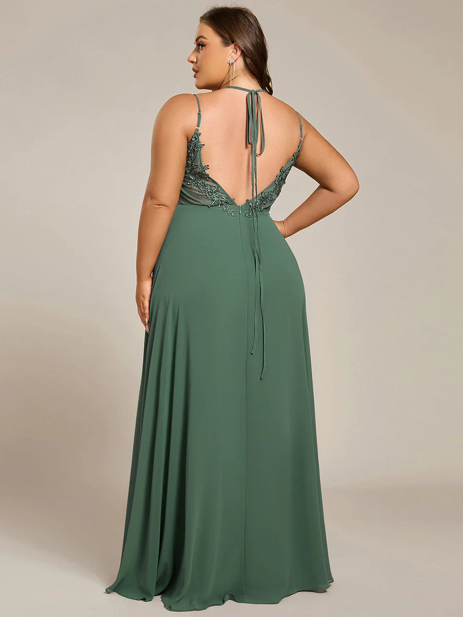 Plus Size Sleeveless V-Neck Appliques A-Line Floor Length Bridesmaid Dresses