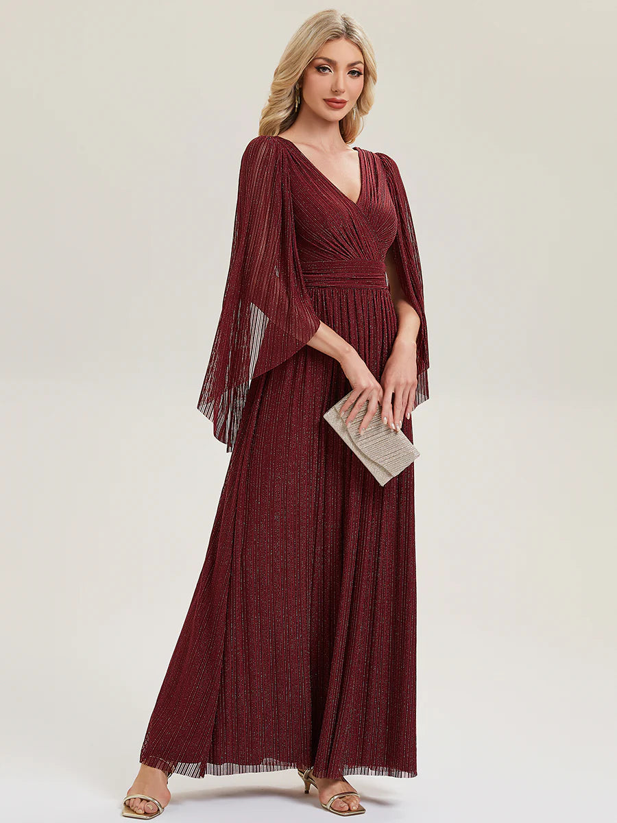 B2B-Exclusive Long Sleeve Batwing Deep V-Neck A-Line Floor Length Evening Dresses