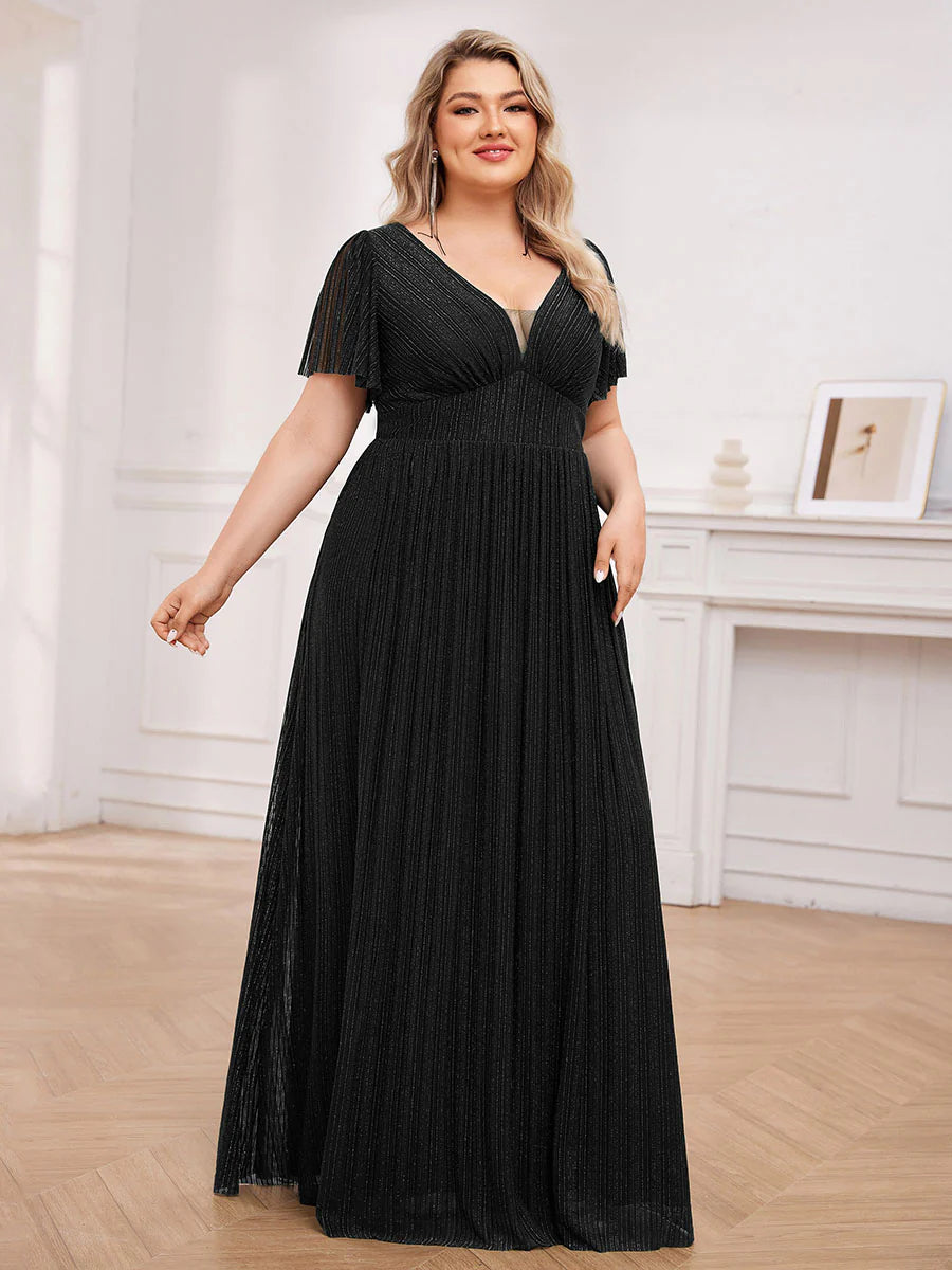 Plus Size Elegant See-Through Deep V Neck Floor Length Short Ruffles Sleeves Sequin Evening Dresses
