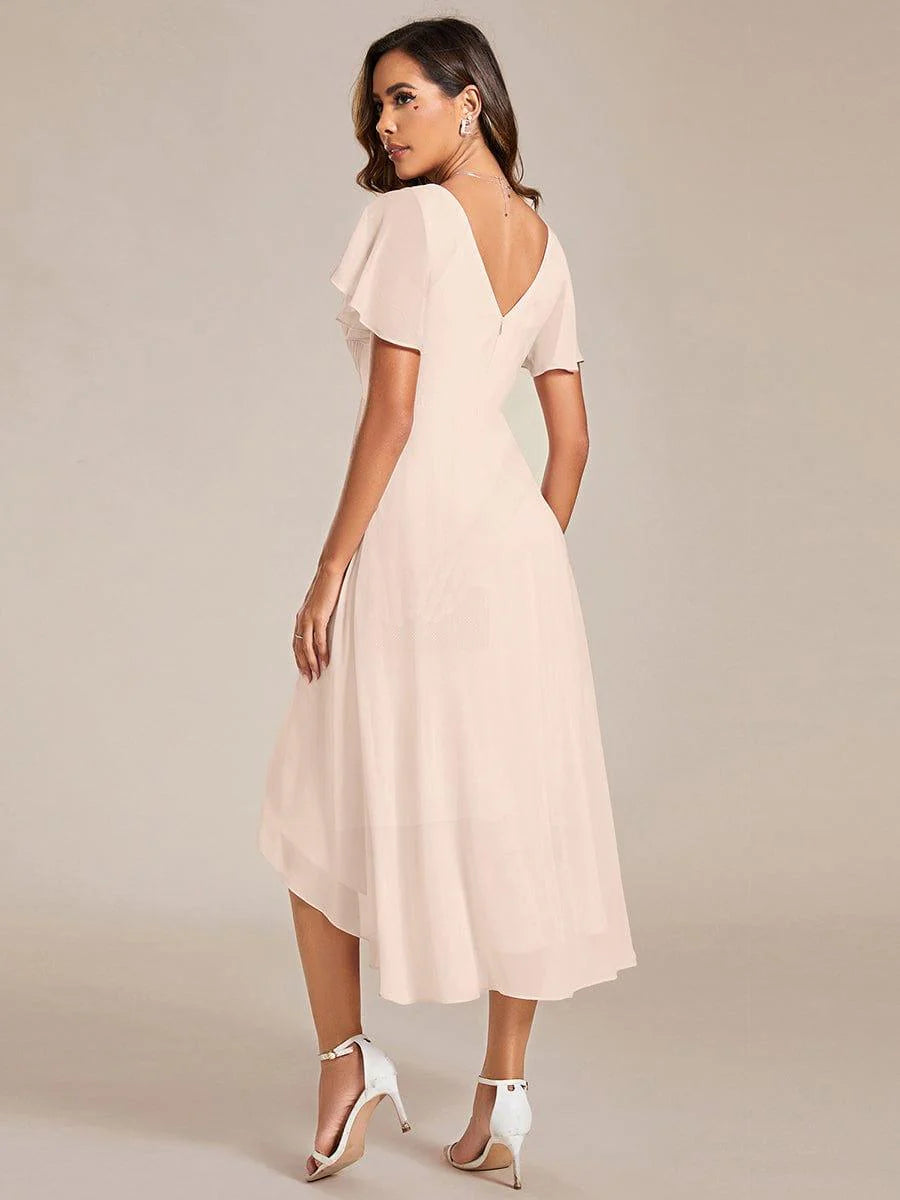 Chic V Neck High-Low Short Sleeve Wedding Guest Dress