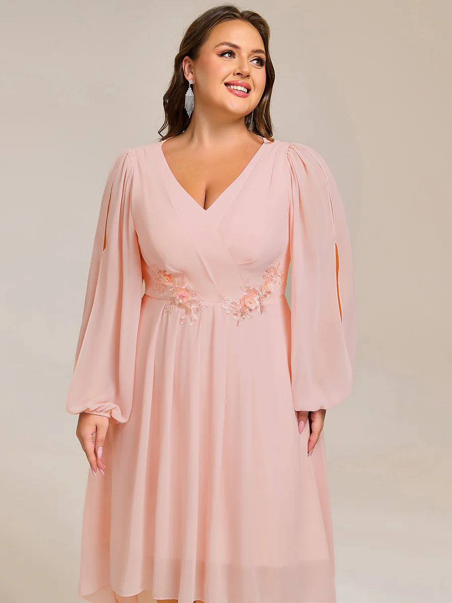 Plus Size Elegant Lantern Sleeve Applique Empire Waist Midi-Length Chiffon Evening Dresses with Asymmetrical Hem