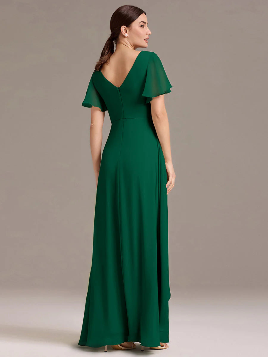 Wholesale | Customizable Double V-Neck Ruffled-Sleeve A-Line Chiffon Dress