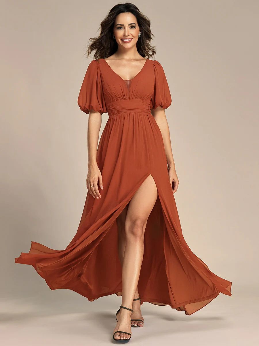 Deep V Neck A Line Half Puff Sleeves Wholesale Bridesmaid Dresses