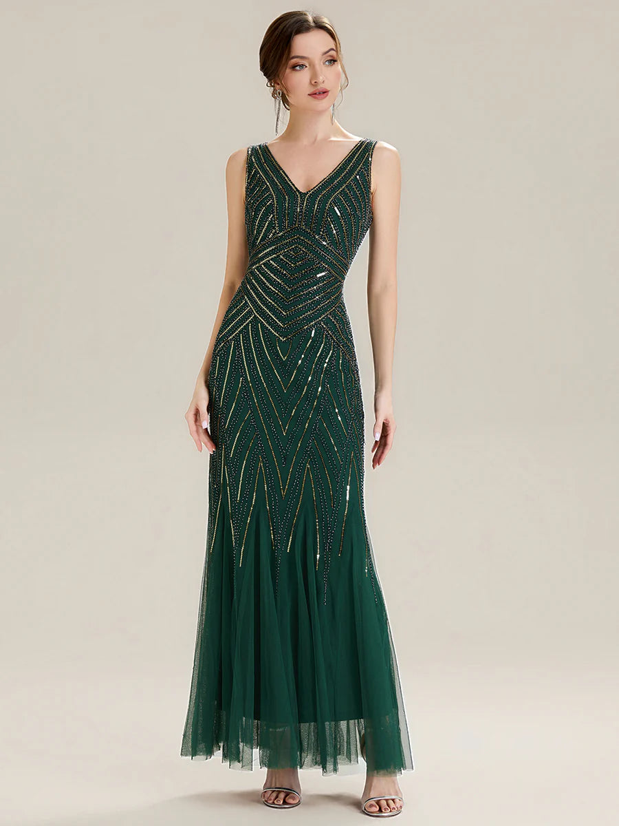 Commercial Wholesale Sleeveless High Stretch Fishtail Beaded V-Neck Evening Dresses