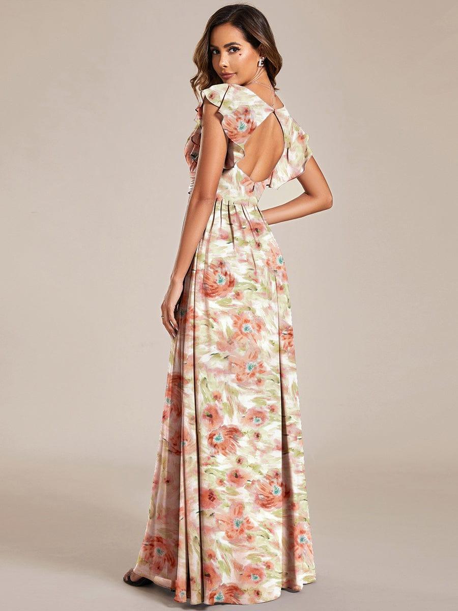 Ever LILYANA|Floral V-Neck Open Back Ruffled Sleeves Chiffon Bridesmaid Dress